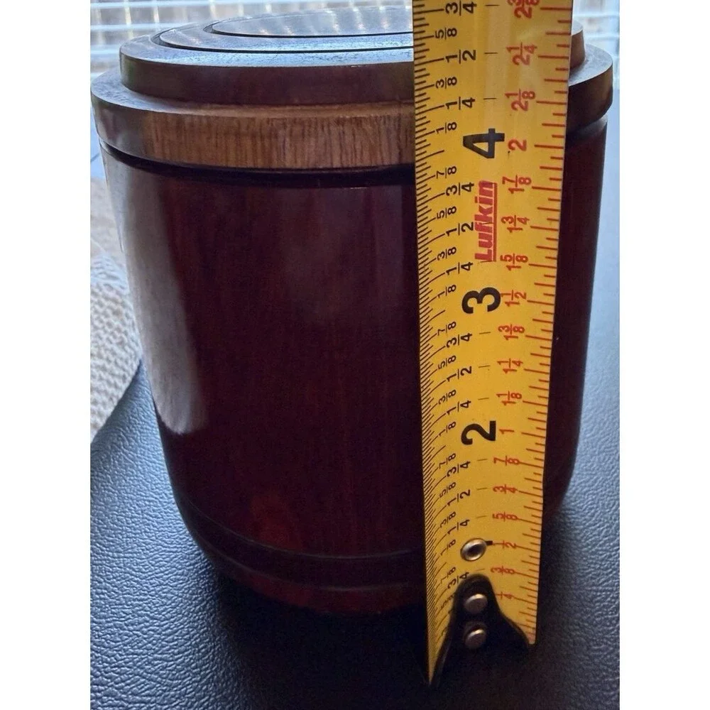Vintage Wood Coaster Set of 5 Lidded Barrel Holder Rustic Cabin Barware Decor